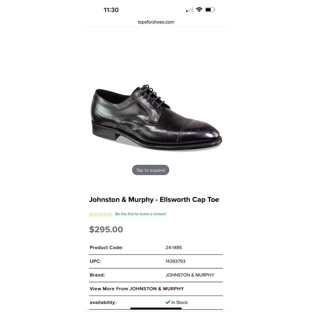 Johnston & Murphy Ellsworth Cap Toe Made in Italy Blk‎ Calfskin Leather 11.5M